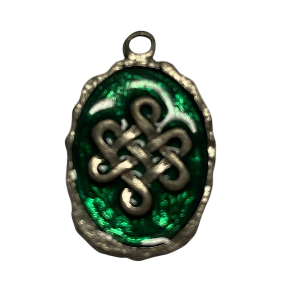 Celtic Endless Knot Pendant Green Enamel Silver Tone Womens Jewelry Signed